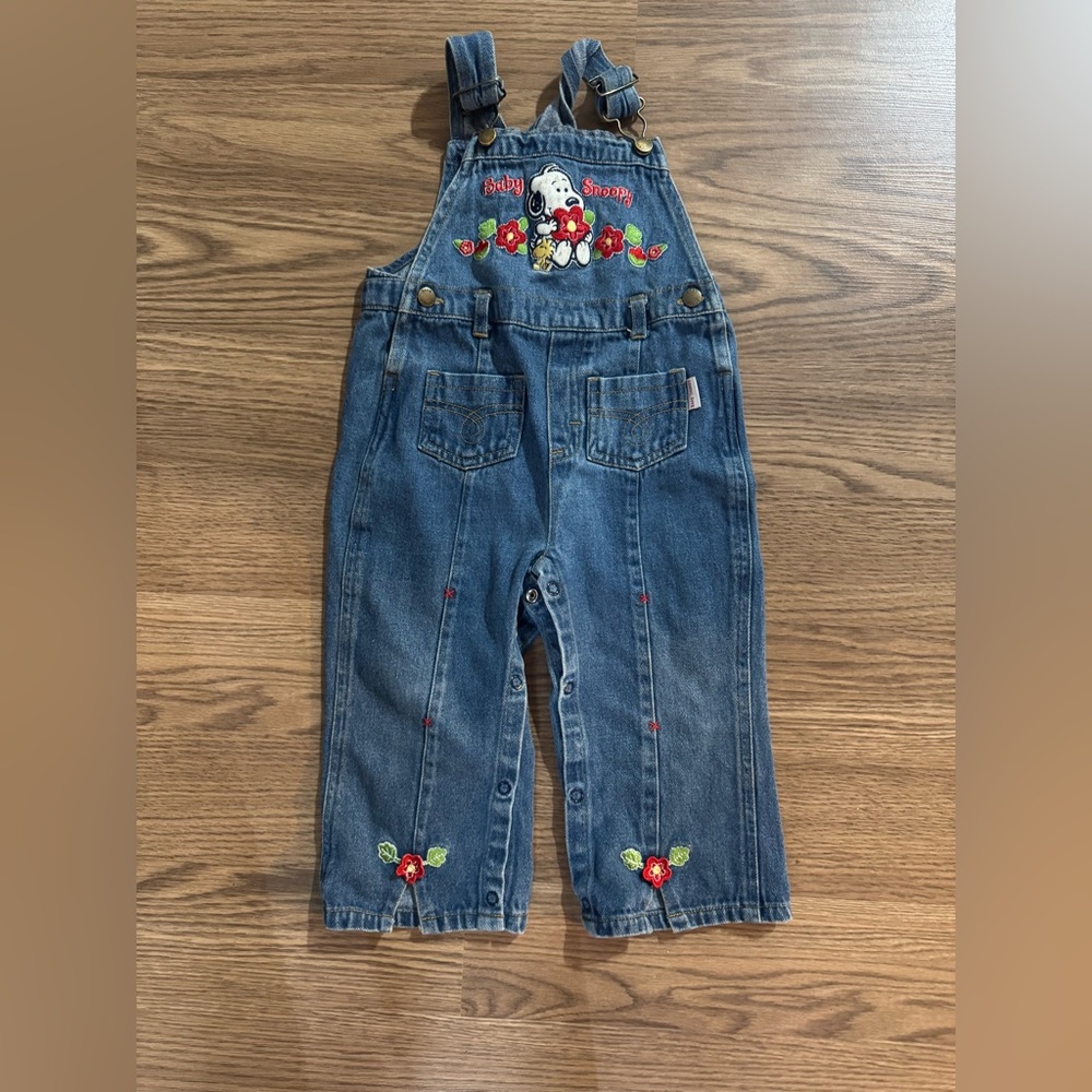 Vintage Kids Blue Denim Overalls with Baby Snoopy Embroidery - Picture 2 of 6